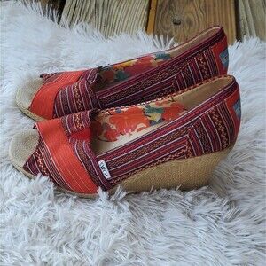 Toms Womens Red Azteca Boho Striped Wicker Espadrille Wedge Sandal